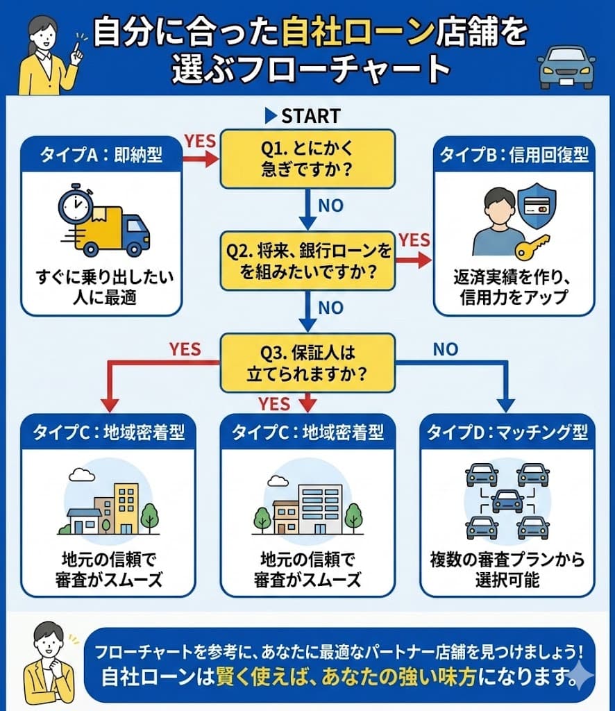 【一発回答】あなたの状況に合うのはどこ？キャラバンの目的別・自社ローン早見表