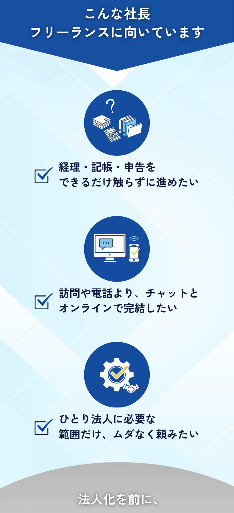 経理や申告を最小限に、オンライン・チャットで完結、必要な範囲だけムダなく頼みたいひとり法人向け社長の特徴を紹介
