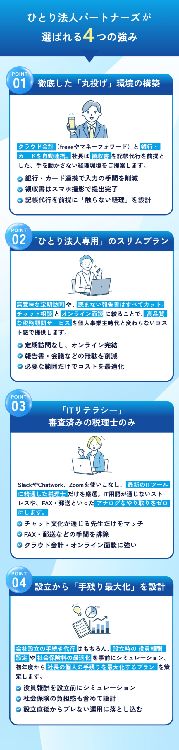 ひとり法人向け税理士サービスの特長（丸投げ経理・オンライン完結・クラウド対応・設立サポート）
