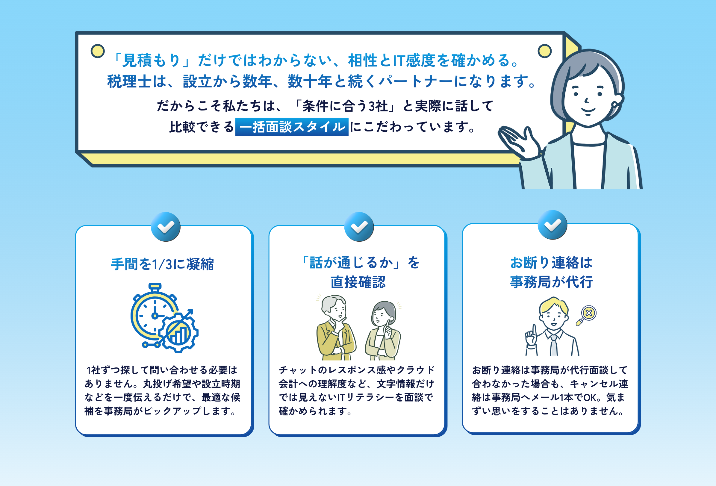 税理士選びをサポートする一括面談サービスのLP、条件に合う3社と比較可能、面談代行で安心