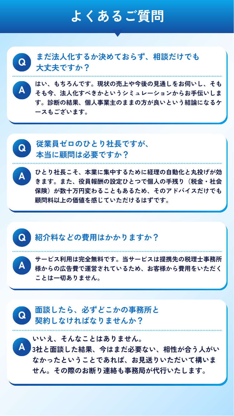 法人化前の相談で安心できるFAQ、顧問の必要性や費用、契約義務の有無など
