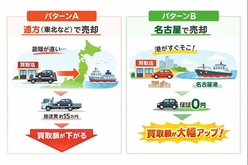 陸送コストの比較図
A：遠方（東北など）で買取
港までの陸送費15万円 → その分、買取額が下がる
B：名古屋で買取
港までの陸送費ほぼ0円 → その分、買取額がアップ！